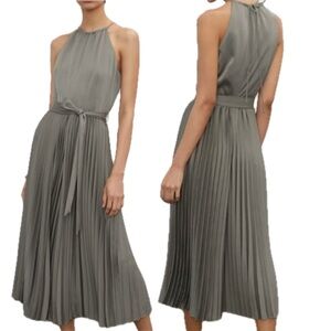Club Monaco Sage Olive Green Pleated Satin Effect Midi Palazzo Jumpsuit Dress